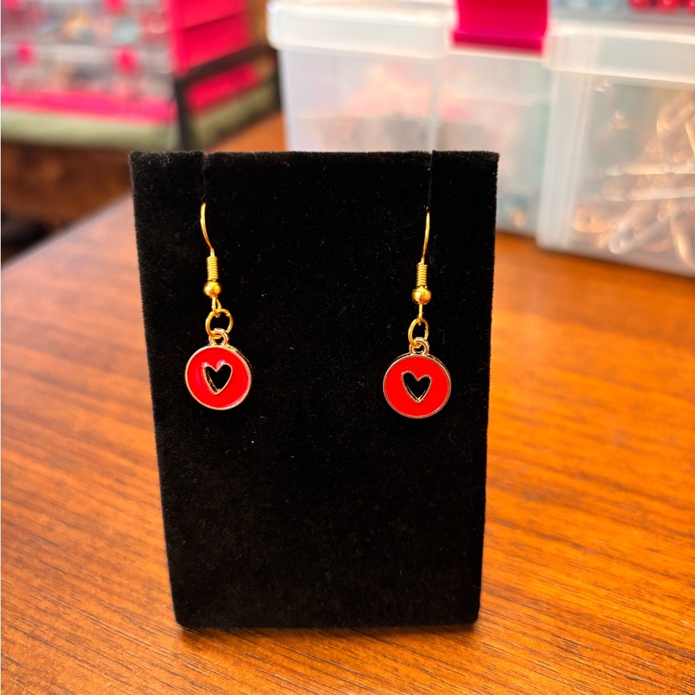 New bold cute Red and Gold tone Heart Earrings love fun